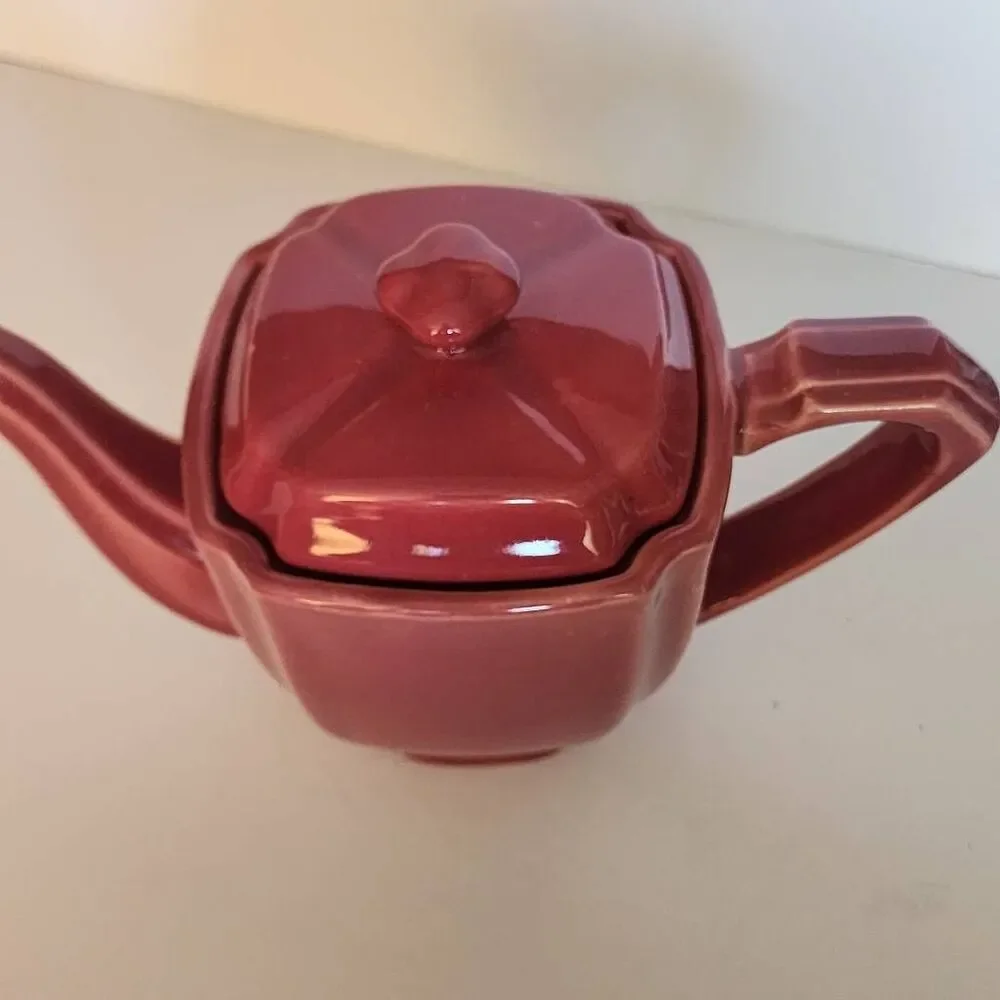 Vintage Hall China Square T-Ball Burgundy Ceramic Art Deco Cubic Design Tea Pot